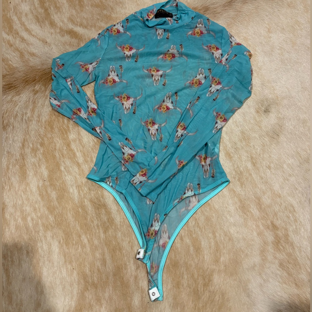 Teal Floral Skull Long-Sleeve Mesh Bodysuit